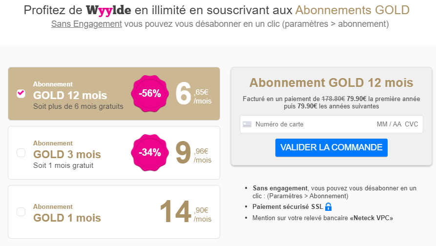 screnshot page tarifs et abonnement site wyylde